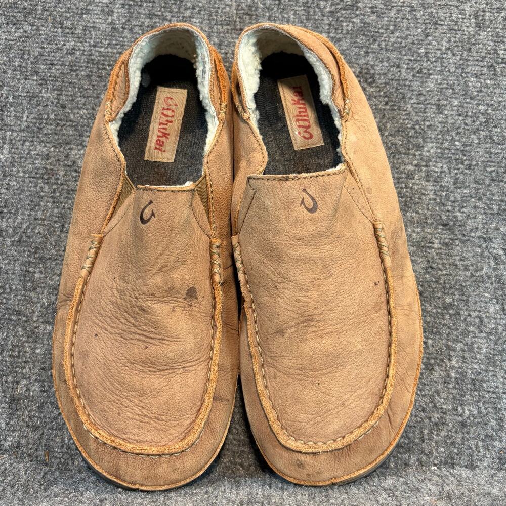 OluKai Brown Leather Moloa Slipper Moccasin Slip On Shoes Men 11 Sheepskin Lined